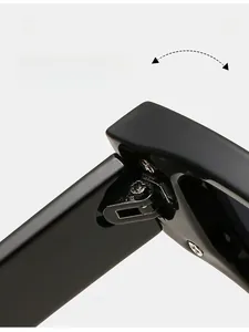 Detail of durable reinforced metal hinge on black square-frame fashion sunglasses
