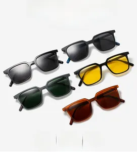 Flat lay of square polarized sunglasses for men in five stylish color combinations