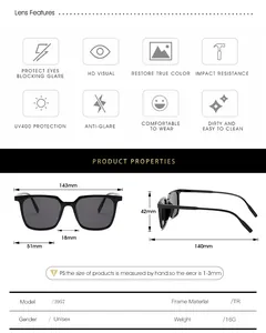 Detailed size chart for square polarized sunglasses with TR material frame measurements