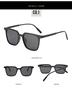 Multiple views of glossy black square polarized sunglasses showing front and side angles