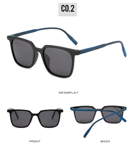 Square matte black polarized sunglasses with blue wood grain temples in multiple views