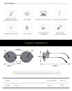 Size chart showing 140mm width and metal frame specs for round retro sunglasses