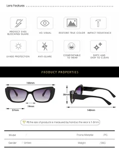 Detailed size chart for cat eye sunglasses showing dimensions and PC material specs