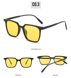 Detailed views of square black frame sunglasses with yellow tinted lenses from multiple angles