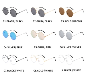 Detailed overview showing nine color options of retro round metal frame sunglasses
