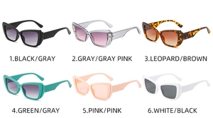 Detailed grid of cat-eye sunglasses in six various colors and tinted lens options