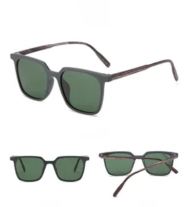 Three-way view of square polarized sunglasses with matte frames and wood grain temples