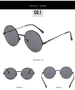 Detailed multi-angle views of retro round metal sunglasses with sleek dark grey lenses