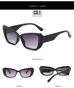 Three-way view of cat-eye sunglasses with purple gradient lenses and gold metal details