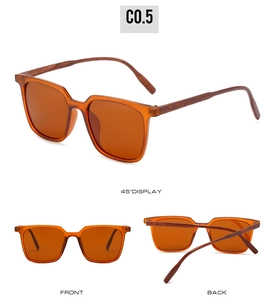 Detailed views of square polarized sunglasses featuring orange lenses and brown wood grain frame