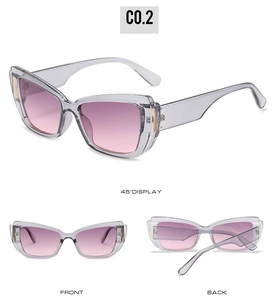 Cat eye sunglasses with light gray frames and pink gradient lenses in multiple views
