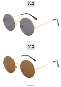 Detailed 45-degree display of vintage round sunglasses in gold frame and various lens colors