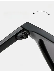 Macro shot of durable metal hinge on square black polarized sunglasses for men