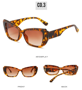 Three views of tortoise cat eye sunglasses with brown gradient lenses on white background