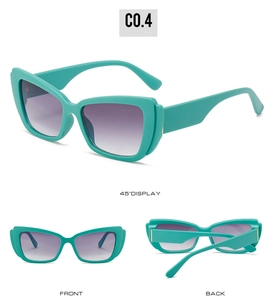 Detailed views of cat eye sunglasses with teal frames and gradient purple lenses