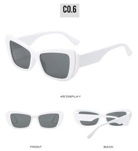 Three angles of white cat-eye sunglasses featuring dark lenses and thick modern frames