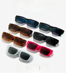 Collection of rectangle sunglasses in black, tortoise, pink and white with colored lenses