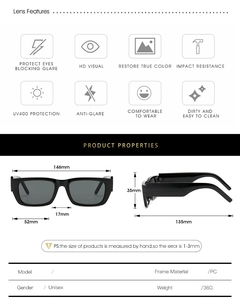 Detailed size specifications and weight chart for square frame PC sunglasses