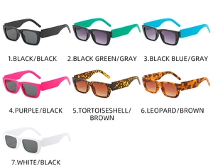 Grid display of thick-frame rectangular sunglasses in seven varied color combinations