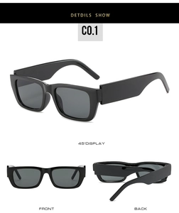 Three views of black square sunglasses showing front, back, and 45-degree angle details