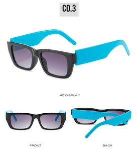 Detailed views of square sunglasses with black frame and bright blue temples