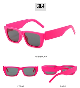 Hot pink rectangular sunglasses shown from front, back, and 45-degree angle views