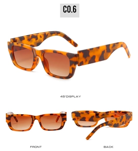 Three-way view of retro tortoiseshell rectangle sunglasses with brown gradient lenses