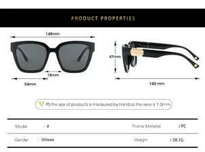 Detailed sizing chart and specifications for square frame sunglasses with gold accents