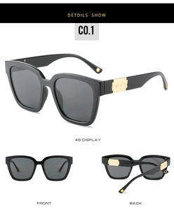 Detailed multi-angle views of square sunglasses with gold wave pattern temple accents