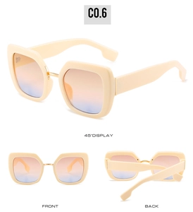 Drei Ansichten der quadratischen Sonnenbrille mit beigen Rahmen und Verlaufsgläsern