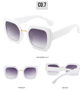 Drei-Ansichten-Display der weißen quadratischen Sonnenbrille mit lila Verlaufsgläsern