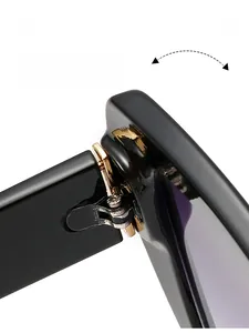 Nahaufnahme der silbernen Metallscharniere an der schwarzen quadratischen Sonnenbrille