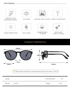 Tableau des tailles détaillé pour lunettes de soleil rondes rétro avec mesures et matériau
