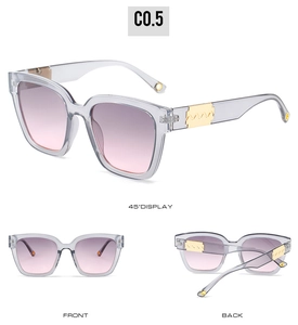 Three-angle view of transparent grey square sunglasses with gradient pink lenses