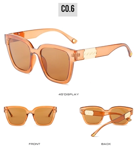 Three-view display of amber square sunglasses with wave-pattern metal hinges