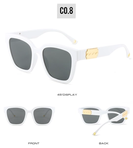 Detailed views of white square sunglasses with gold wave pattern metal temple accents