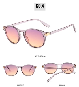 Trois angles de lunettes de soleil rondes violettes avec verres dégradés et détails dorés