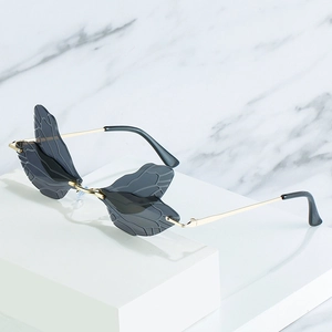 Fashionable golden metal dragonfly wing sunglasses with dark grey lenses for women and men
