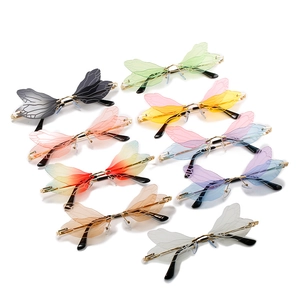 Fashionable rimless dragonfly wing sunglasses available in multiple vibrant gradient colors
