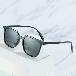 Square minimalist polarized sunglasses with black frames and dark grey lenses for men