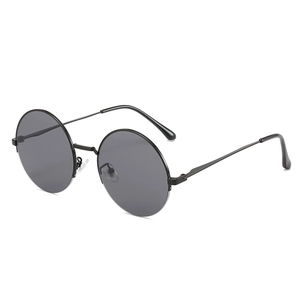 Retro round metal sunglasses with dark gray lenses and classic black minimalist frame