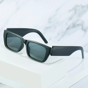 Modern square black sunglasses with wide temples and dark grey lenses for men and women