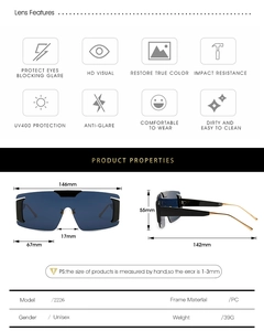 Detailed size chart of oversized flat top sunglasses with dimensions and UV400 features