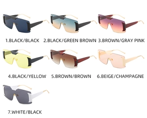 Matrix display of oversized frameless sunglasses in seven trendy color combinations