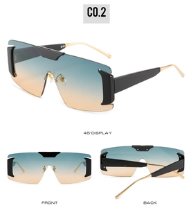 Detailed views of gradient shield sunglasses with blue to orange lenses and gold temples