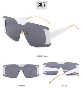 Detailed multi-angle views of oversized white sunglasses with grey shield lenses