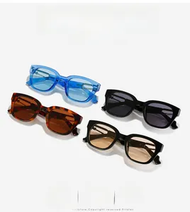 Flat lay of square frame sunglasses in blue, tortoiseshell, and black acetate finishes