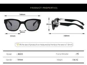 Size chart for unisex square frame sunglasses with PC frame measurements and weight details
