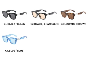 Detail view of square sunglasses frames with silver metal hinges in four trendy colors
