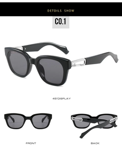 Detailed views of square black sunglasses featuring unique silver hollow metal accents